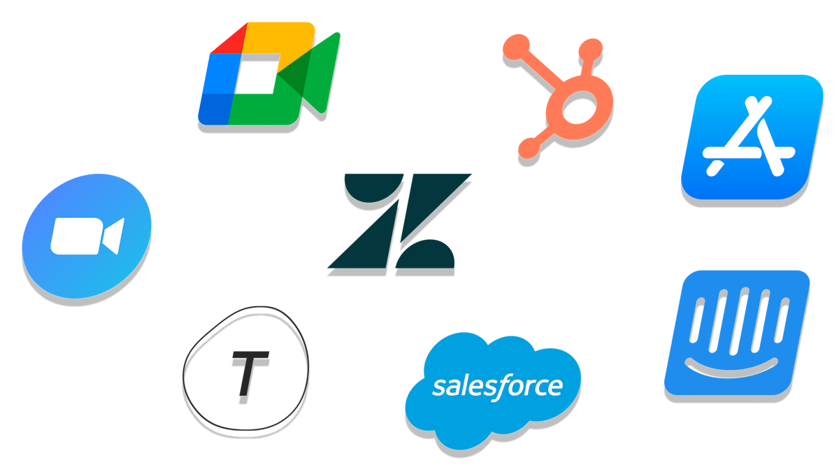 Photo showing multiple integrations with different tools like Zoom, Google Meet, Zendesk, and more.